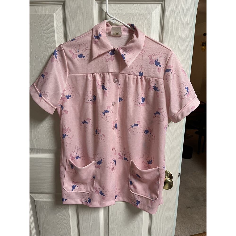 70s VNT Double Knit Polyester Top By Land & Sea Sz XL 40 Bust Shirt Pink Floral